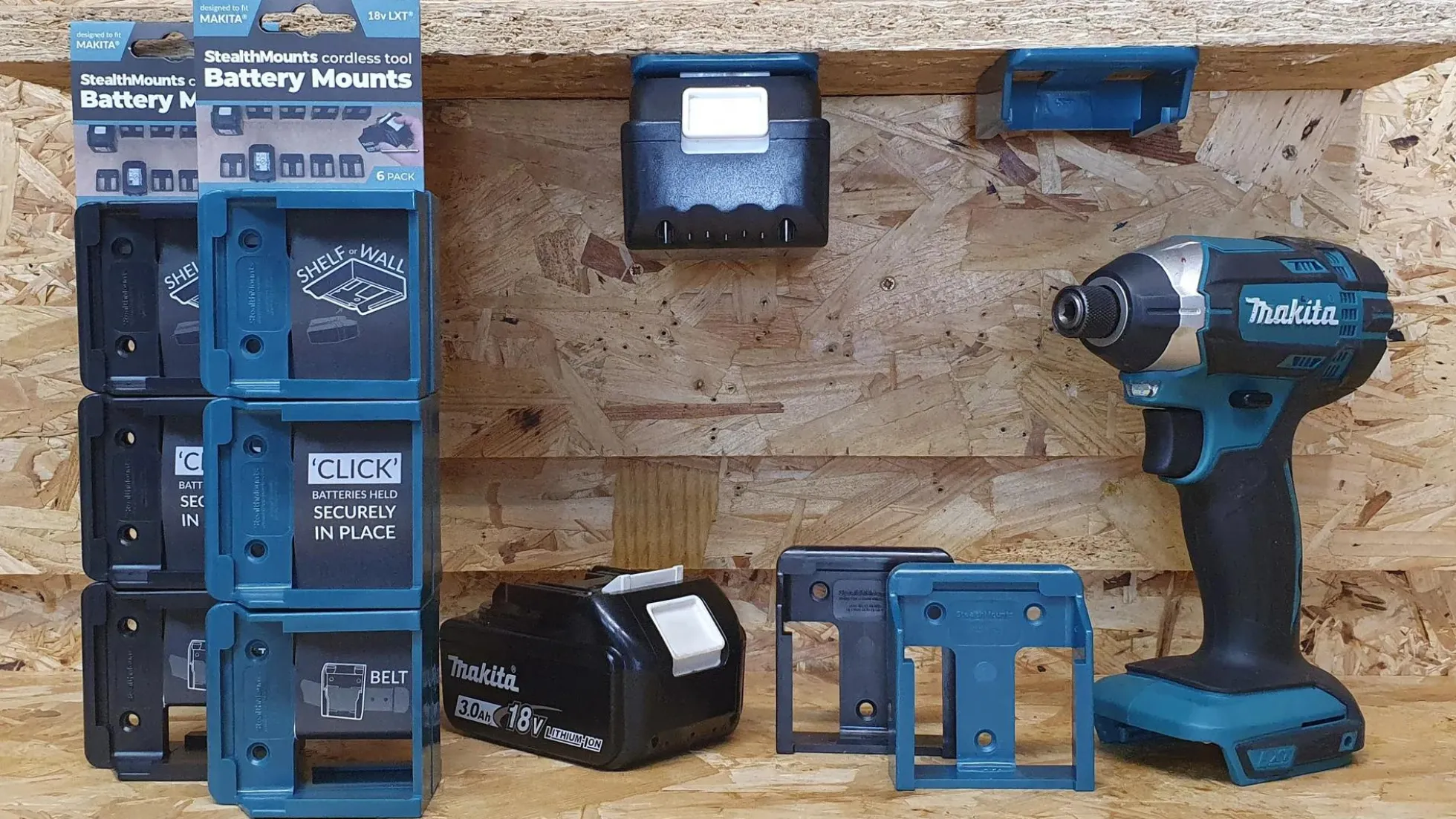 Blaue StealthMounts Akkuhalterungen für Makita 18V, 6 St.