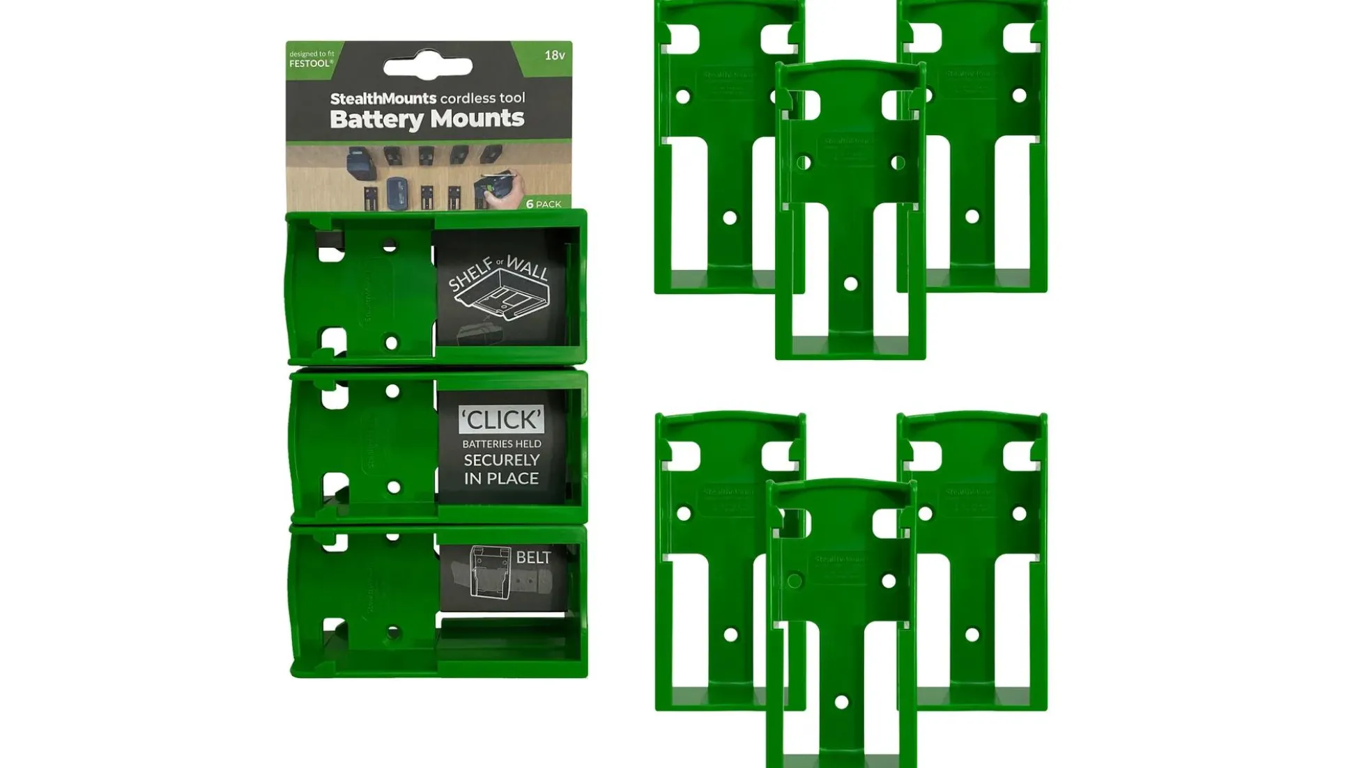 Grüne StealthMounts Akkuhalterungen für Festool 18V, 6 St.