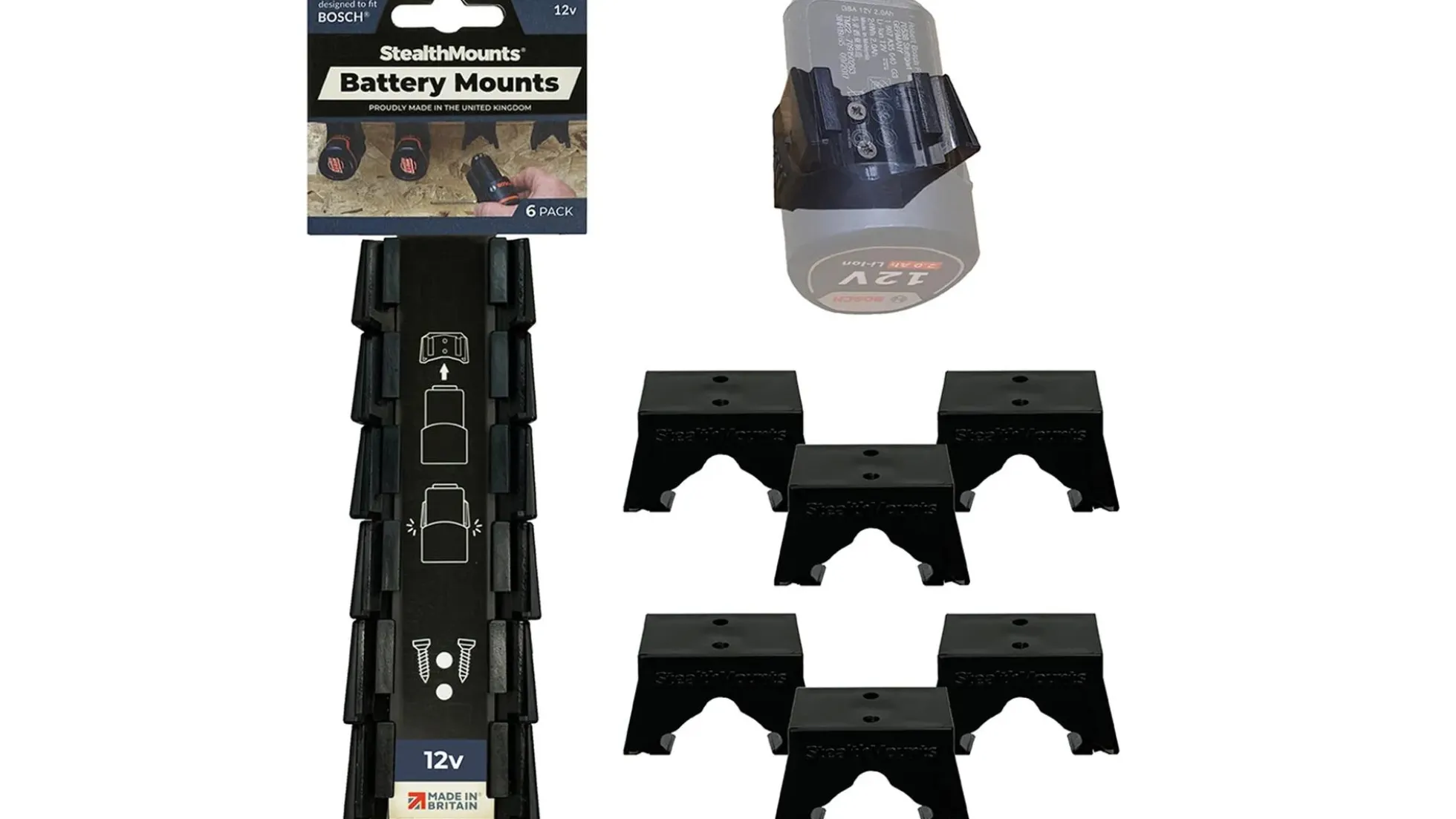 Schwarze StealthMounts Akkuhalterungen für Bosch 10.8/12V, 6 St.