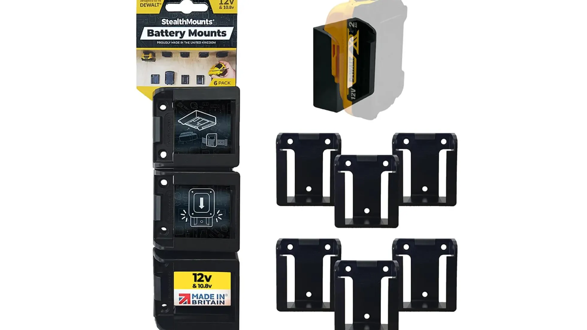 Schwarze StealthMounts Akkuhalterungen für DeWalt 12V, 6 St.
