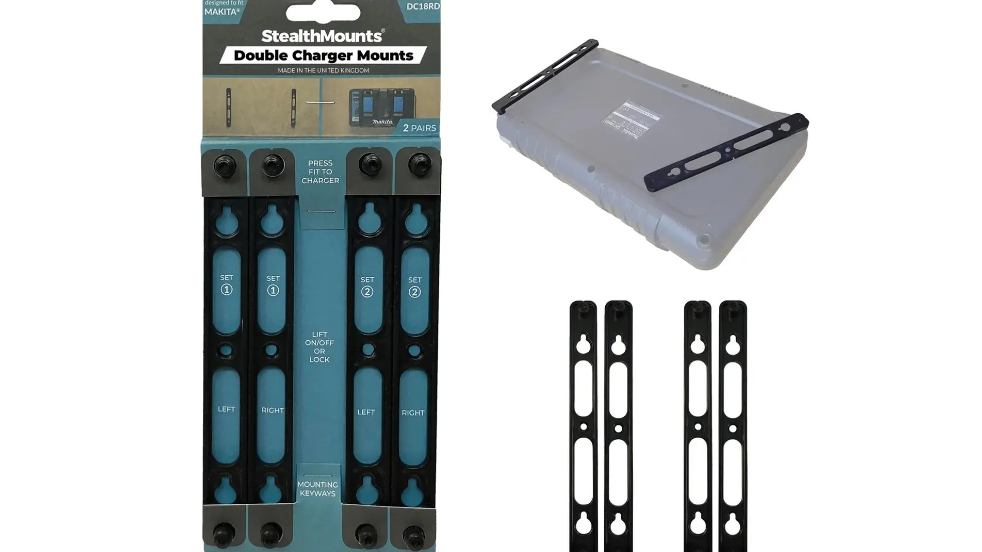 Schwarze StealthMounts Halterung für Makita Doppel-Ladegerät, 2 St.
