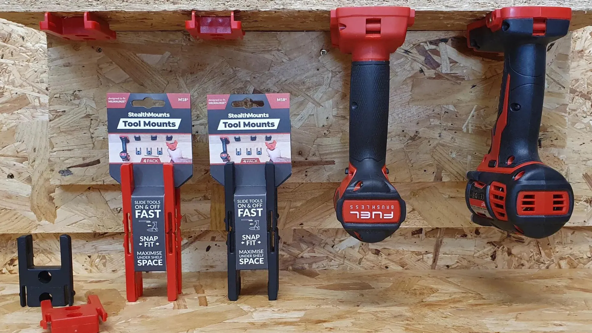 Schwarze StealthMounts Werkzeughalterungen für Milwaukee M18, 4 St.